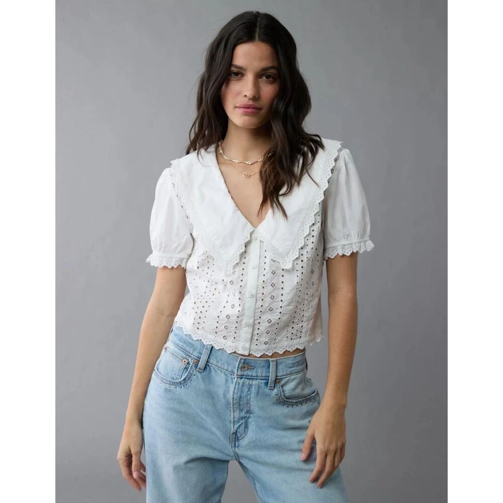 NWOT American Eagle Ruffle Collar Eyelet Crop Top Size XL Boho - Picture 2 of 8